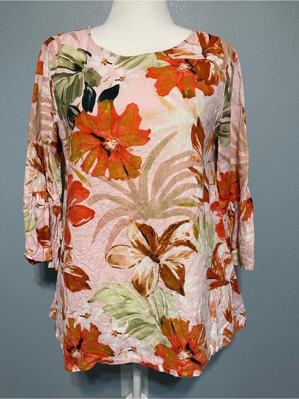 John Mark 100% Linen Floral Tunic Top Bell Sleeve Boho Beach Relaxed Medium